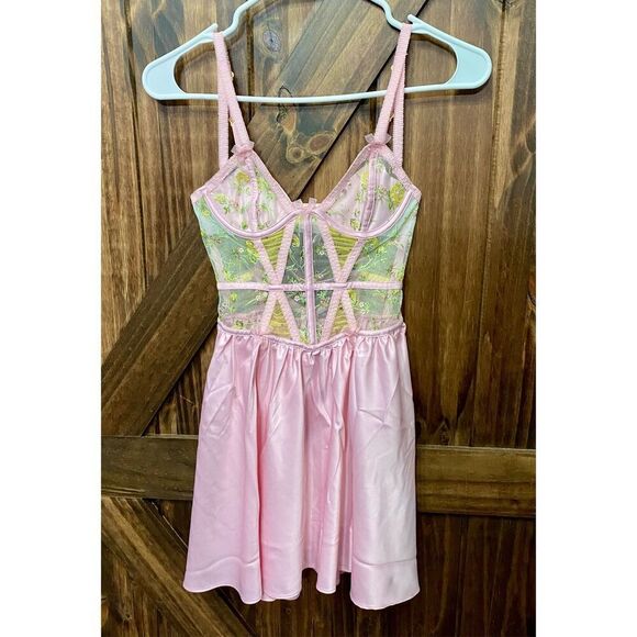 For Love & Lemons Tops - For Love & Lemons Pink Floral Corset Slip Mini Dress Lingerie Sz XXS